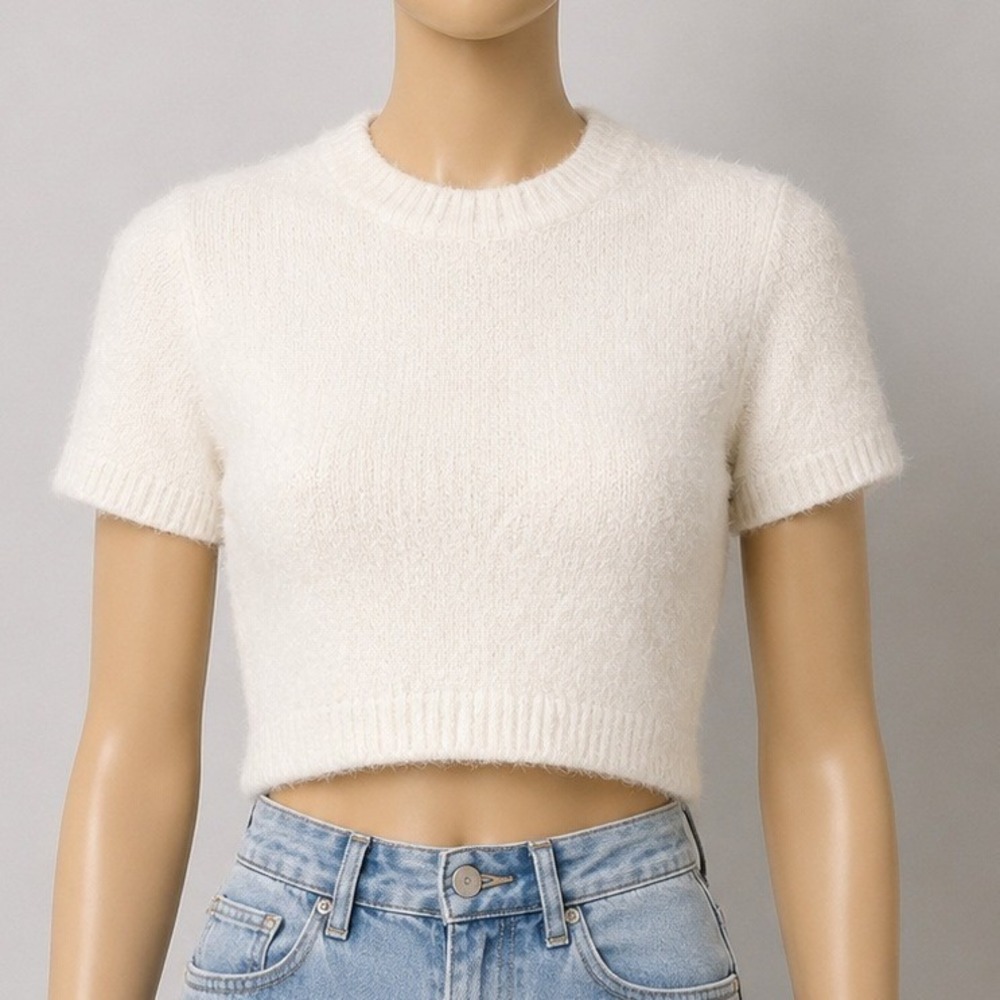 H&M‎ Divided Womens Sweater Cream Short Sleeve Knit Crew Neck XXS